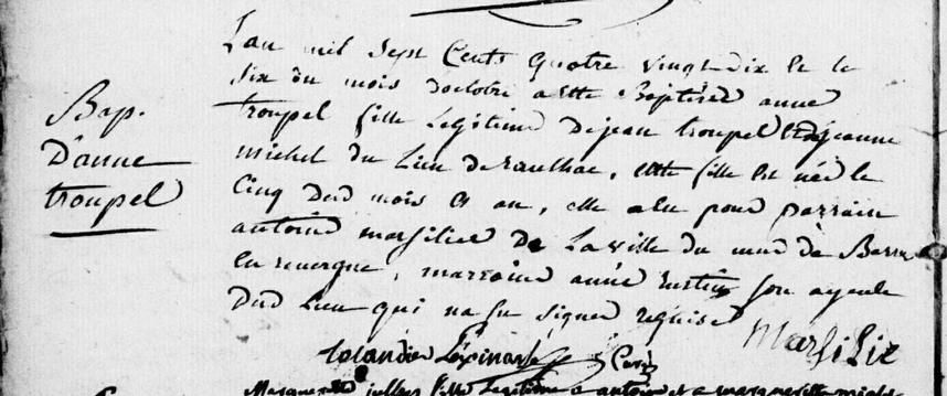 Acte de naissannce d'Anne Troupel