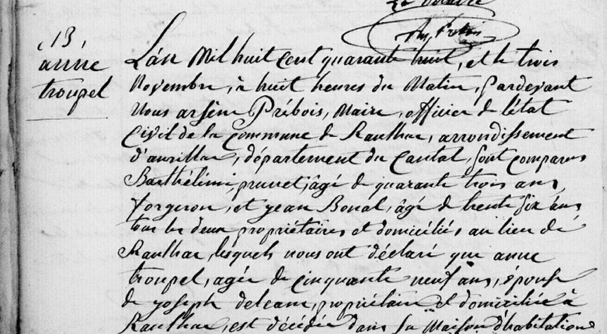 Acte de décès de Anne Troupel