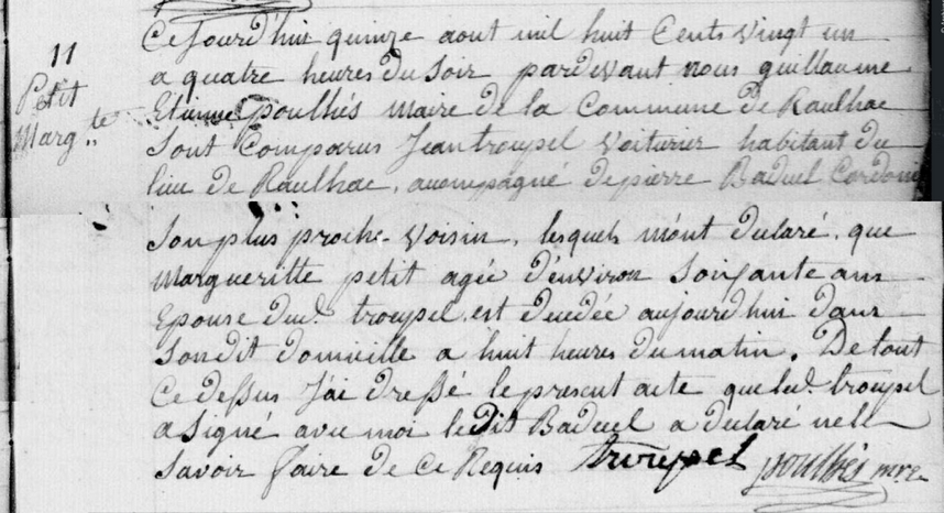 Acte de décès de Marguerite Petit