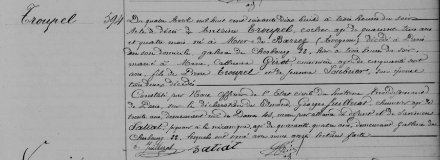 Acte de décès d'Antoine TROUPEL