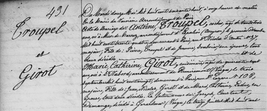 Acte de Mariage d'Antoine TROUPEL et Marie Catherine GIROT
