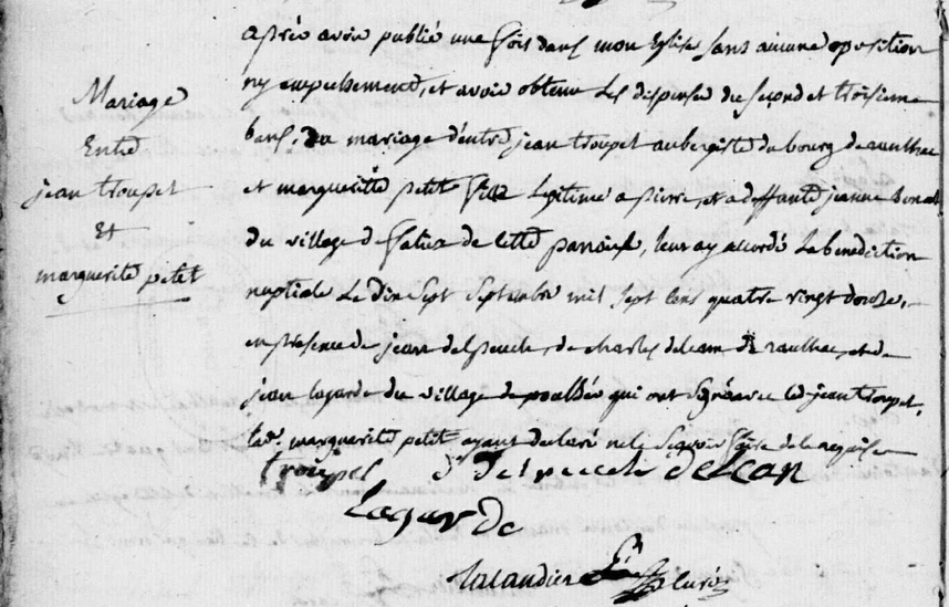 Acte de mariage d'Antoine Troupel et Jeanne Monjou