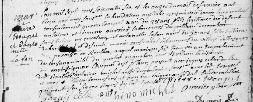 Acte de Mariage Acte de mariage de Pierre TROUPEL et  Antoinette Lafon
