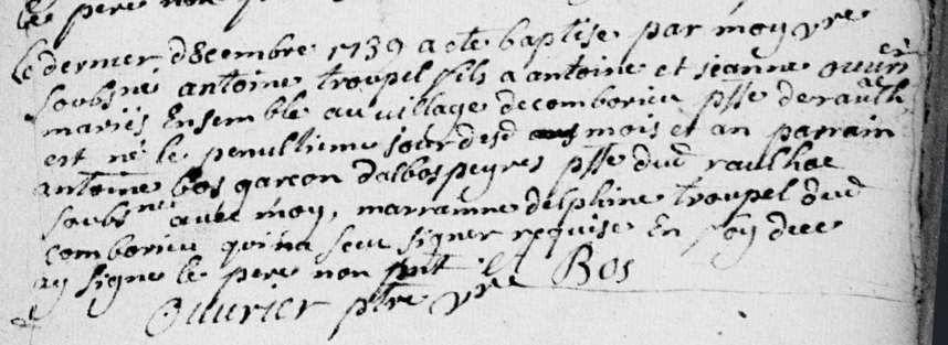 Acte de baptème d'Antoine TROUPEL 4<sup>ème</sup> du nom